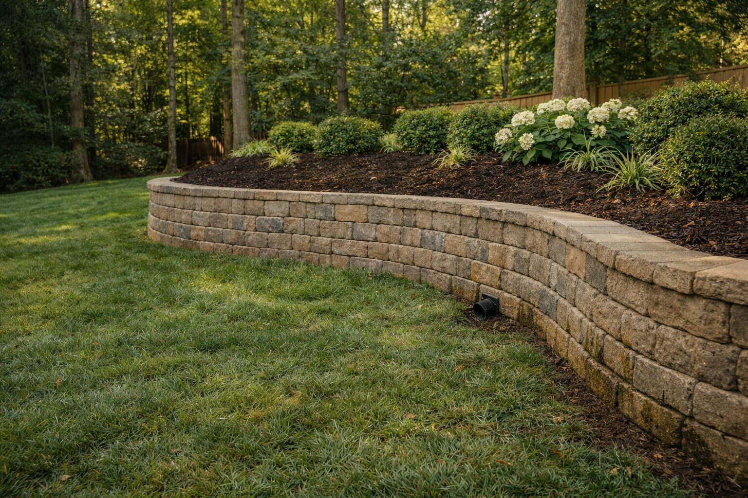 long paver retaining wall with fresh scrubs